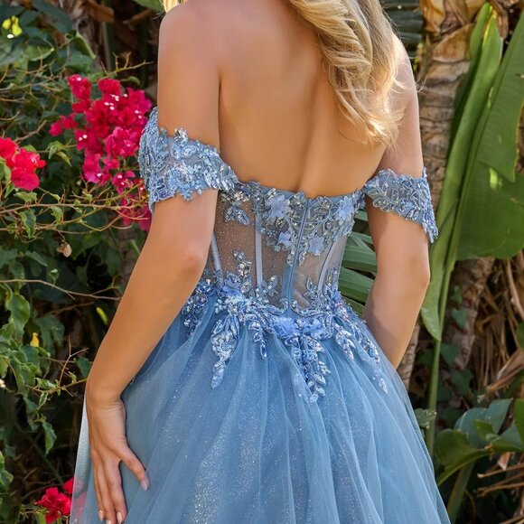 New Off The Shoulder A-Line Mesh Gown w/ Floral Applqiue & Layered Skirt GL3719 - Picture 11 of 14